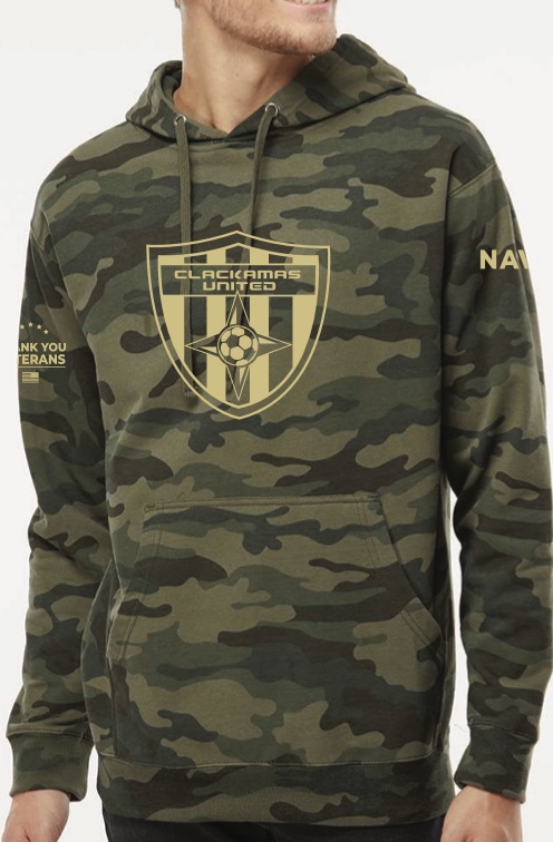 Clackamas United Veterans Day hoodie in camo, with the club crest on the chest and a thank-you message to veterans on the sleeve